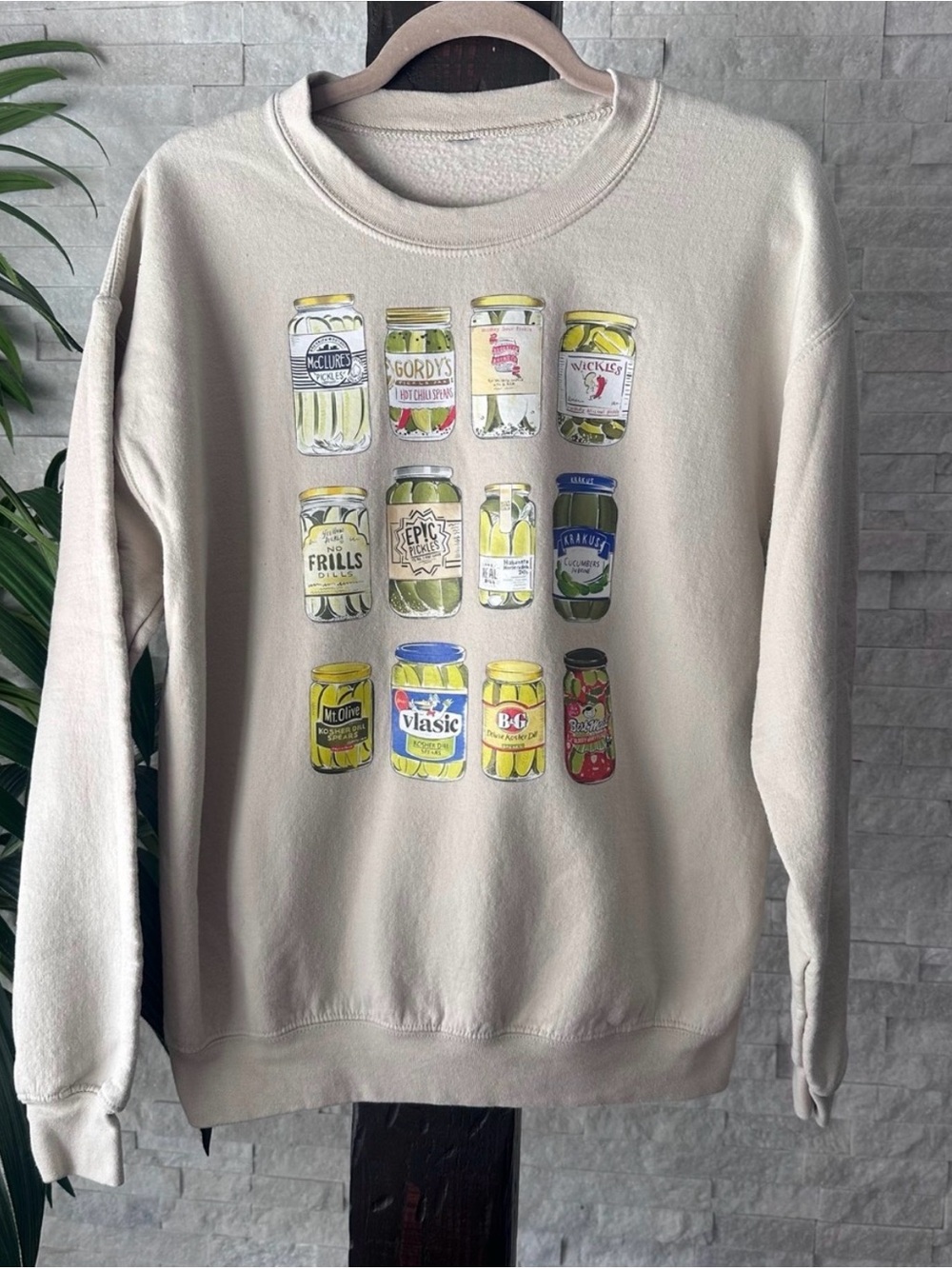 Pickle Jar Graphic Whimsy Tan Sweatshirt Size M